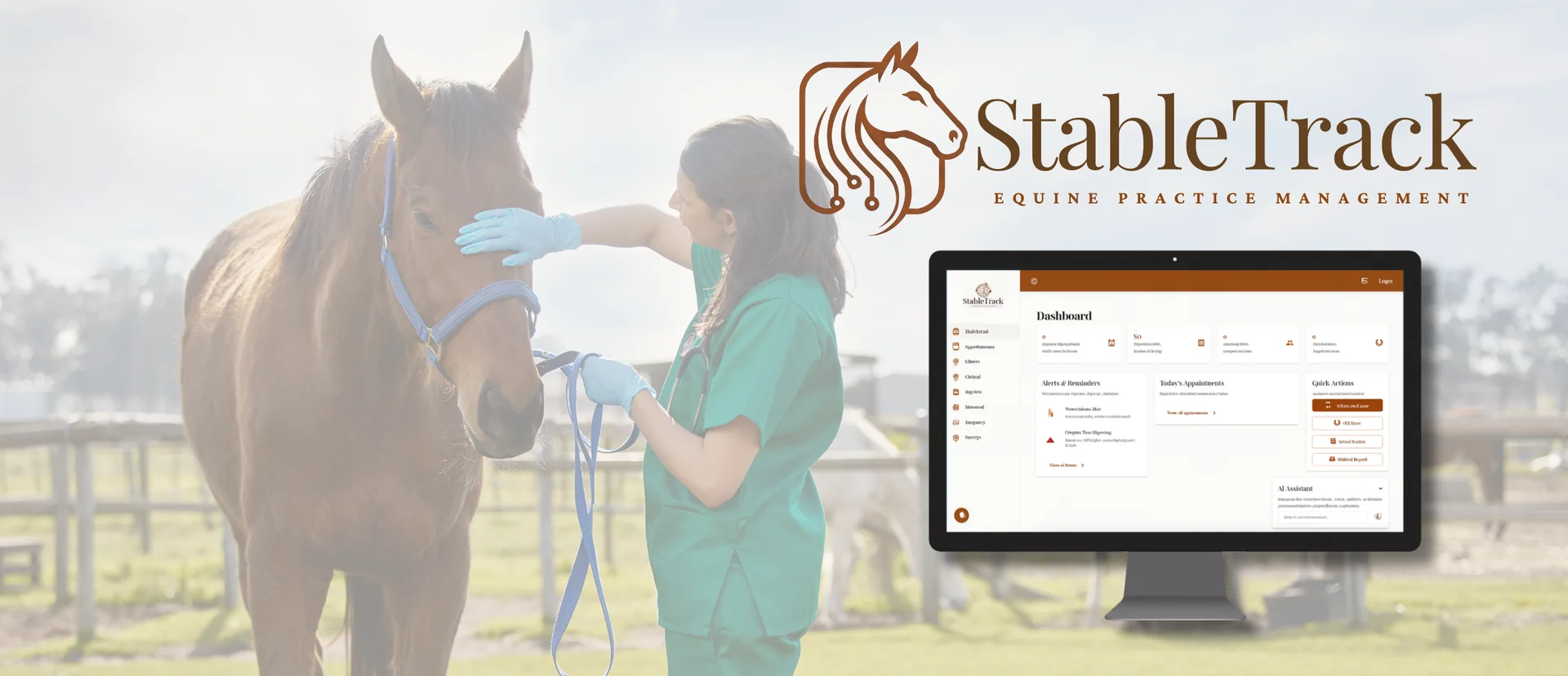 StableTrack equine practice management dashboard with veterinarian and horse