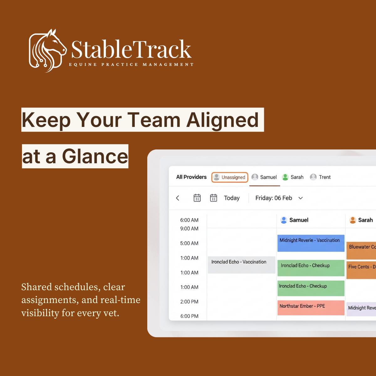 StableTrack scheduling dashboard showing team alignment and provider assignments