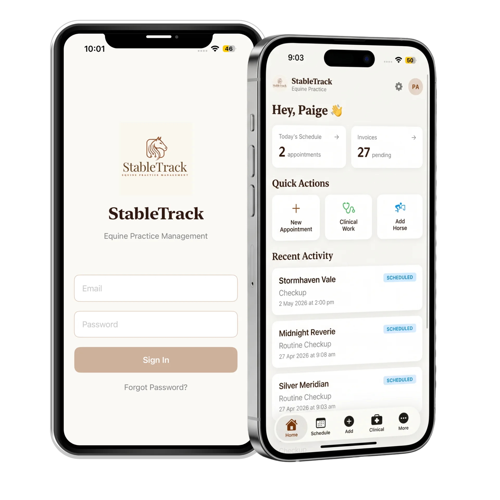 StableTrack iOS app on a phone, showing the equine vet's schedule and quick-action buttons for use at the barn.