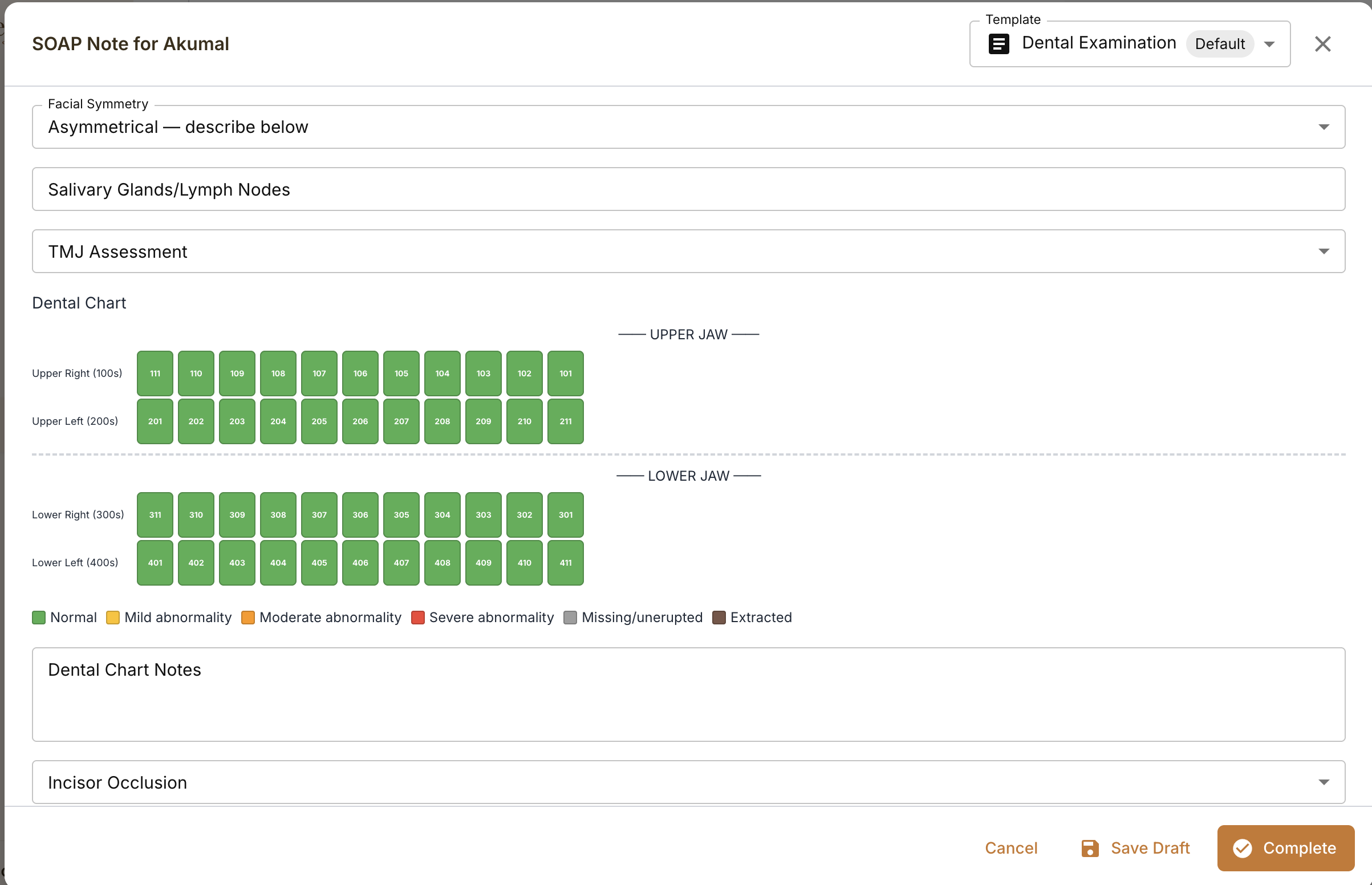 StableTrack SOAP note for Akumal showing a Dental Examination template with facial symmetry, salivary glands, TMJ assessment, and a color-coded dental chart