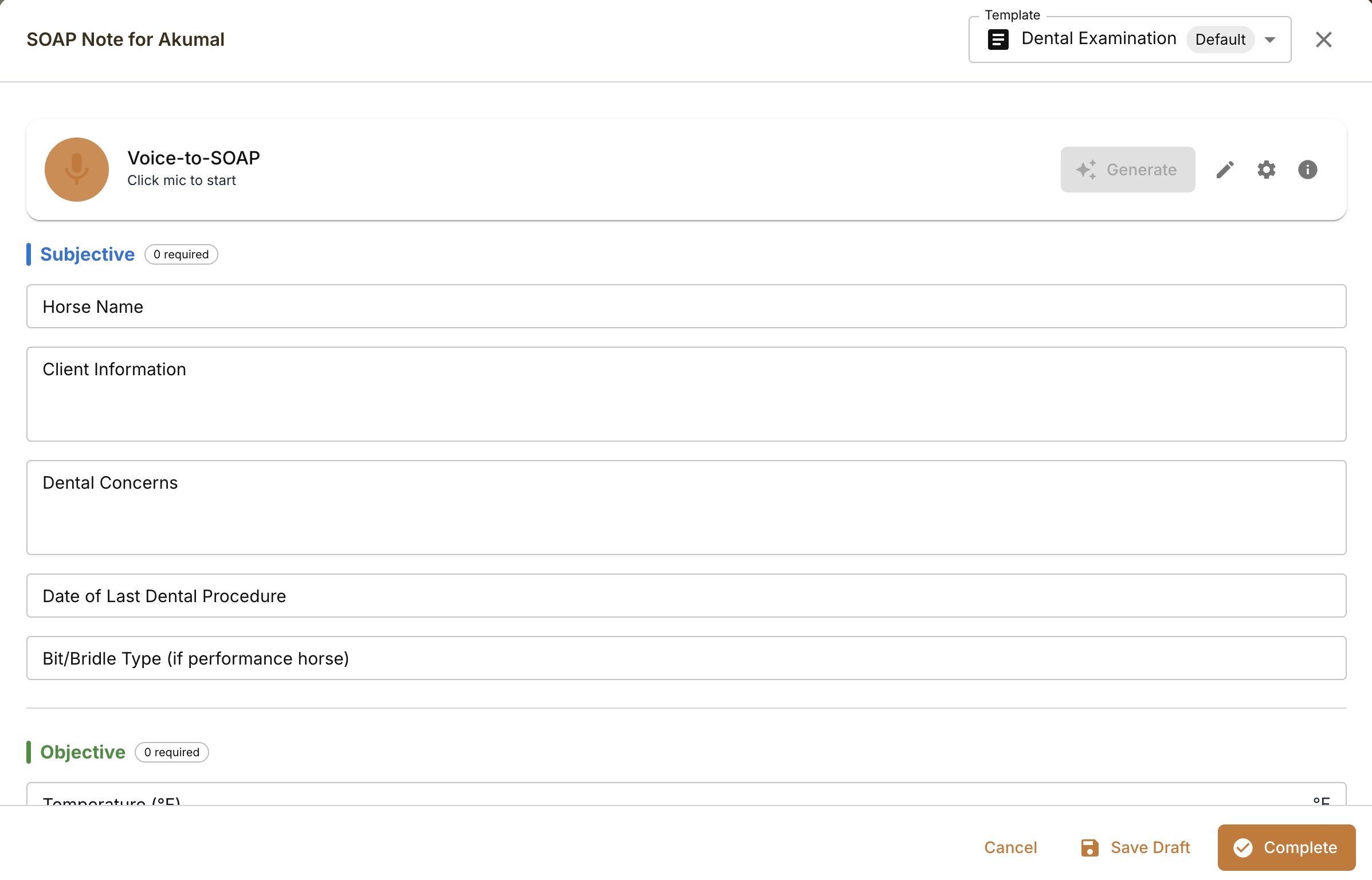 StableTrack SOAP note for Akumal with Voice-to-SOAP panel ready to record, Subjective fields for horse name, client information, dental concerns, and last dental procedure
