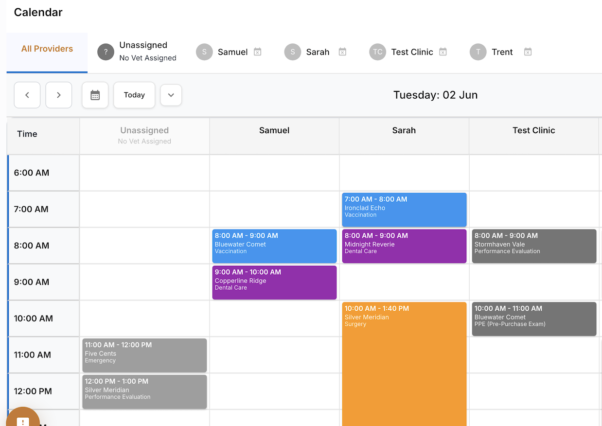StableTrack equine scheduling calendar with one column per vet side by side, an Unassigned column, and color-coded appointments by type