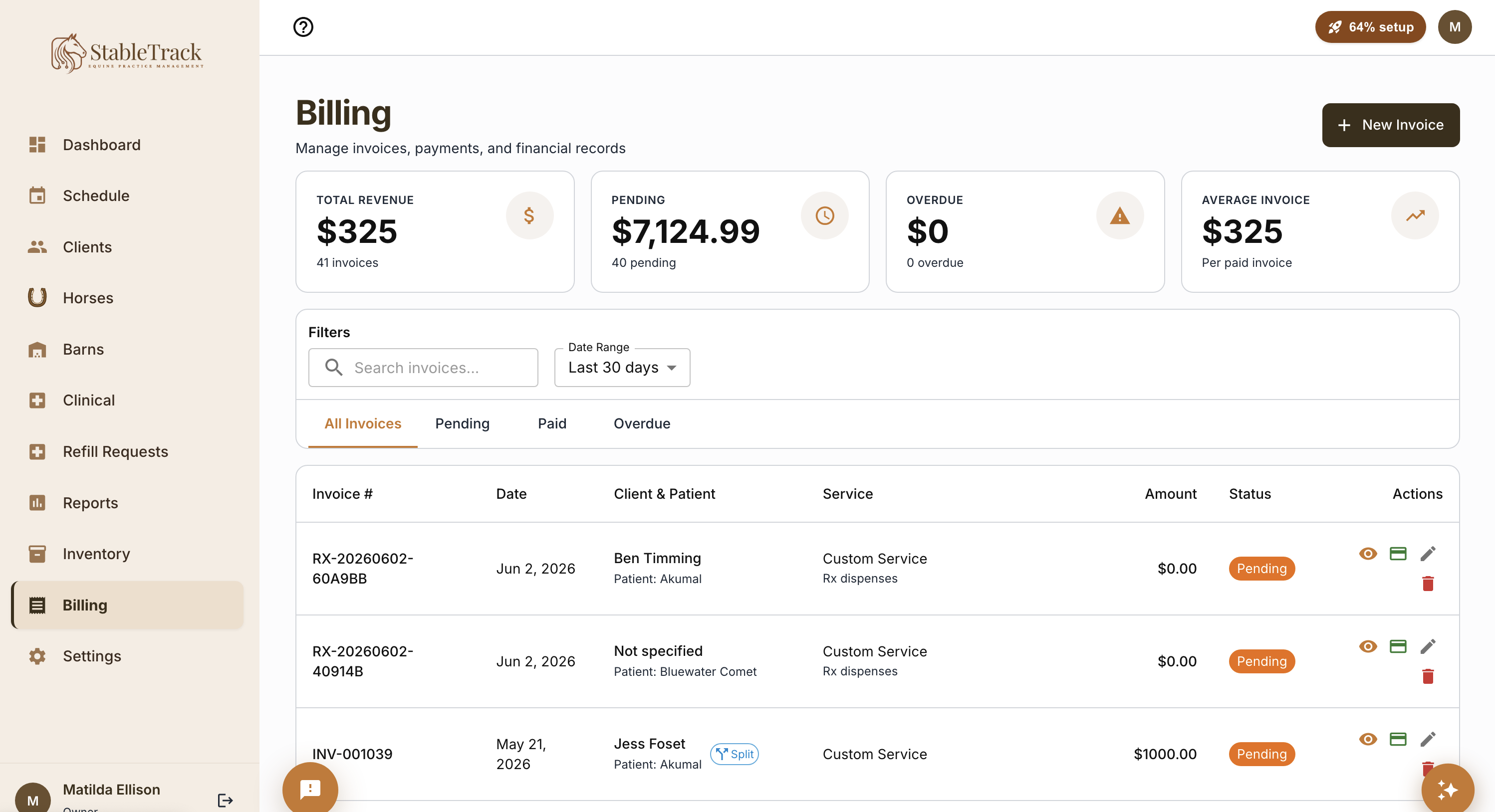 StableTrack equine billing dashboard showing revenue totals and a list of invoices with client, patient, amount, and status