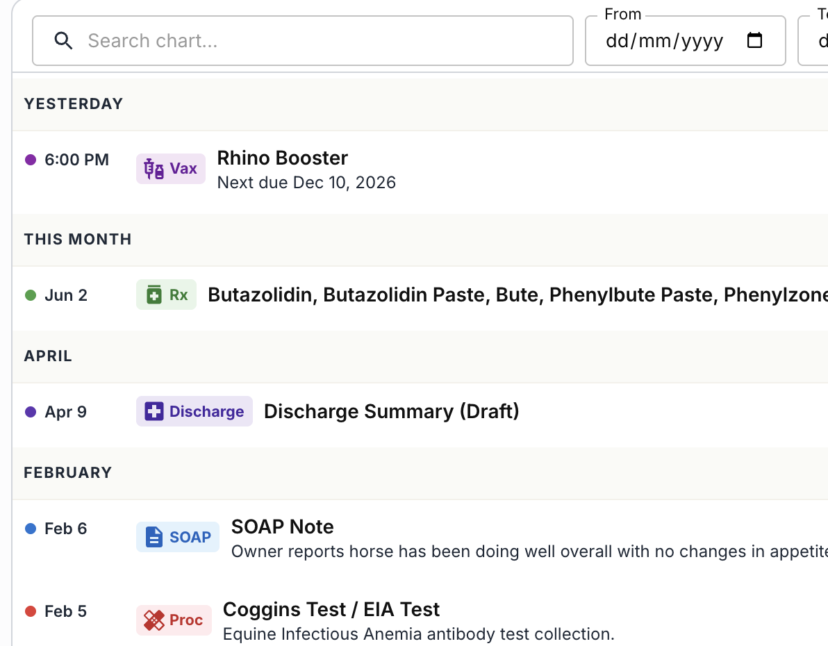 StableTrack patient timeline listing a vaccination booster, medications, and a drafted discharge summary
