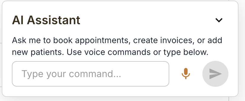 StableTrack AI Assistant panel inviting users to book appointments, create invoices, or add patients with voice commands or typed input.