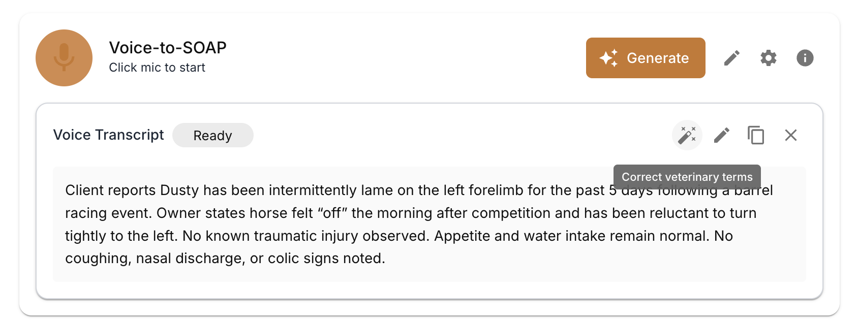StableTrack Voice-to-SOAP panel showing a dictated transcript about a lame horse, with a Generate button and a Correct veterinary terms tooltip.