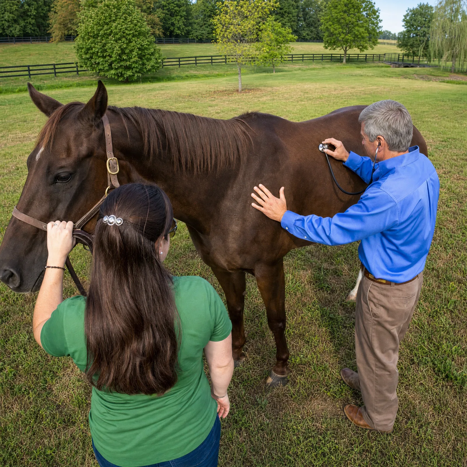 An equine veterinarian listens to a horse's heart with a stethoscope during a farm call while the owner holds the halter