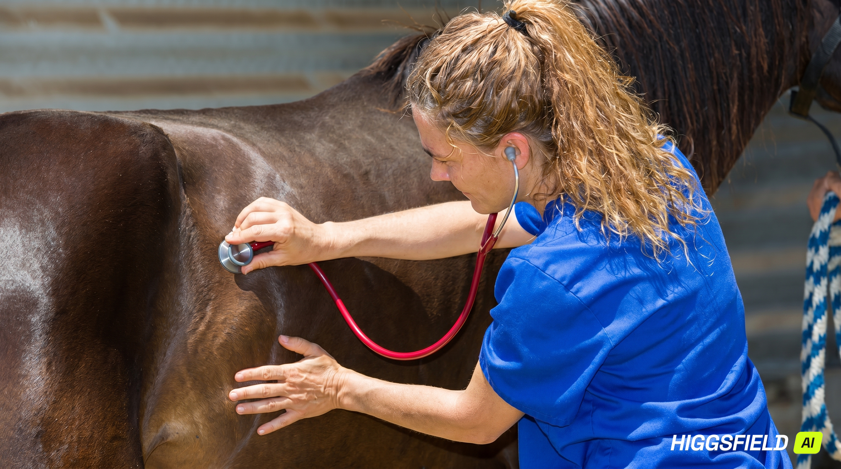 An equine veterinarian in blue scrubs listening to a horse's chest with a stethoscope during a field exam