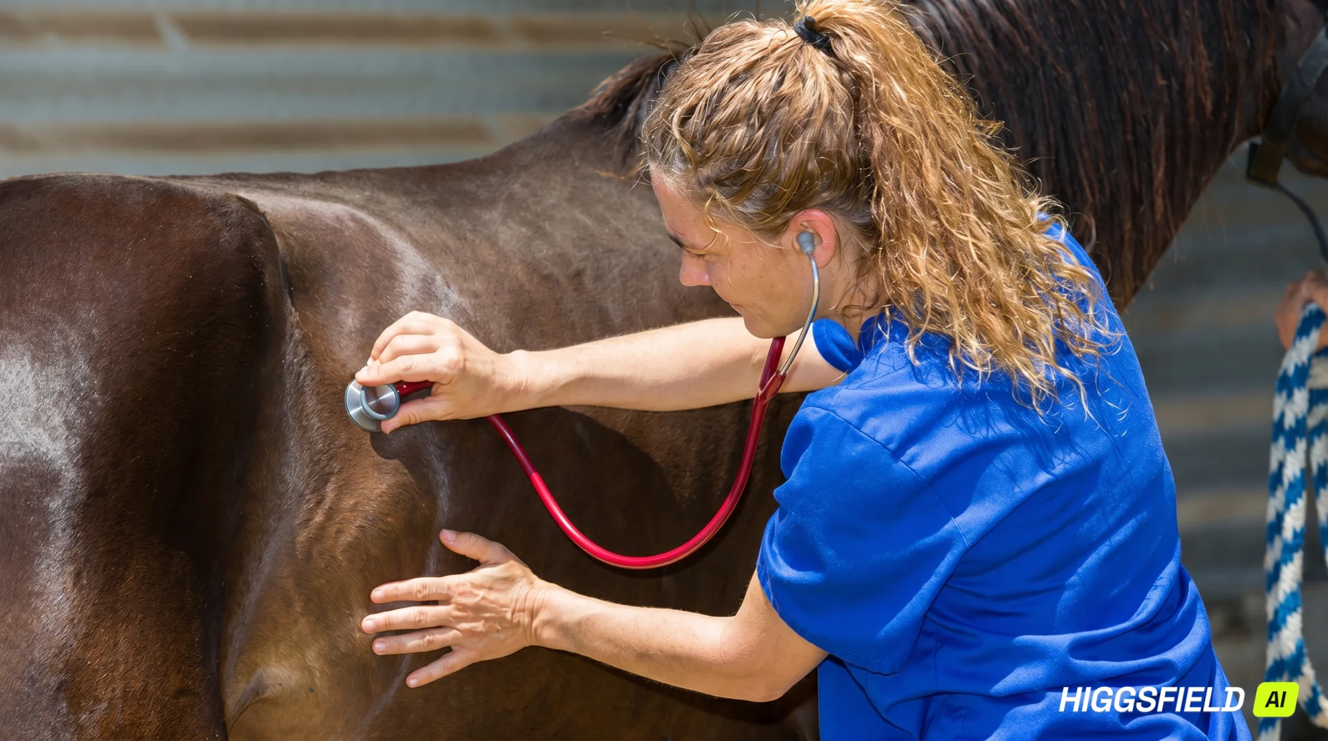 An equine veterinarian in blue scrubs listening to a horse's chest with a stethoscope during a field exam