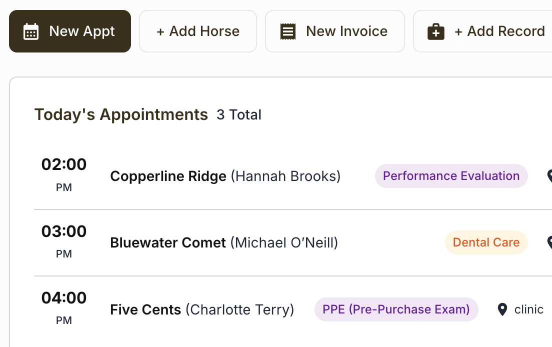 StableTrack Calendar weekly schedule view with appointments across Samuel, Sarah, Test Clinic, and Trent