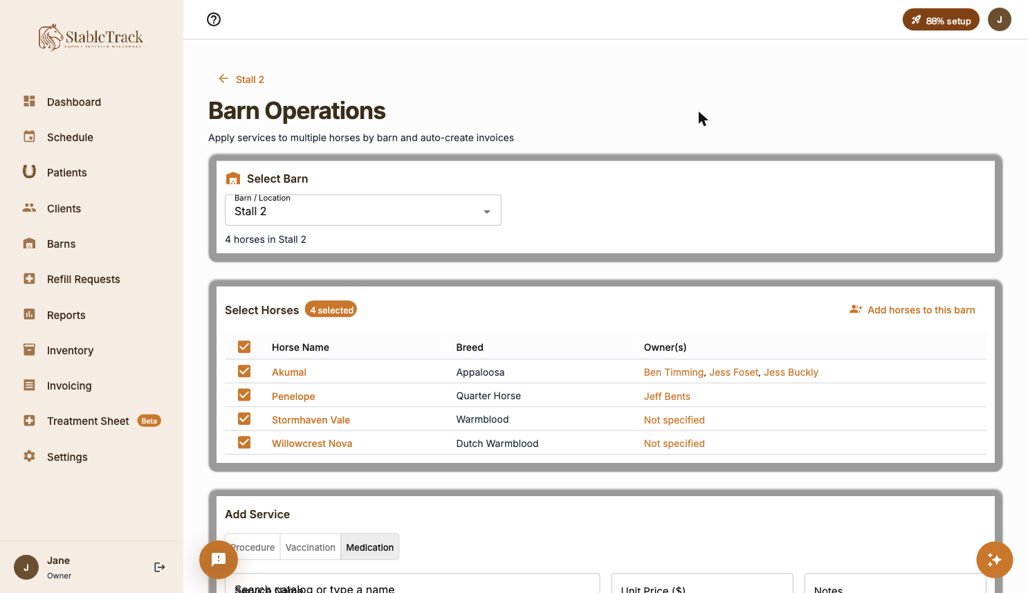 Applying services across every horse in a barn, with one invoice created per owner