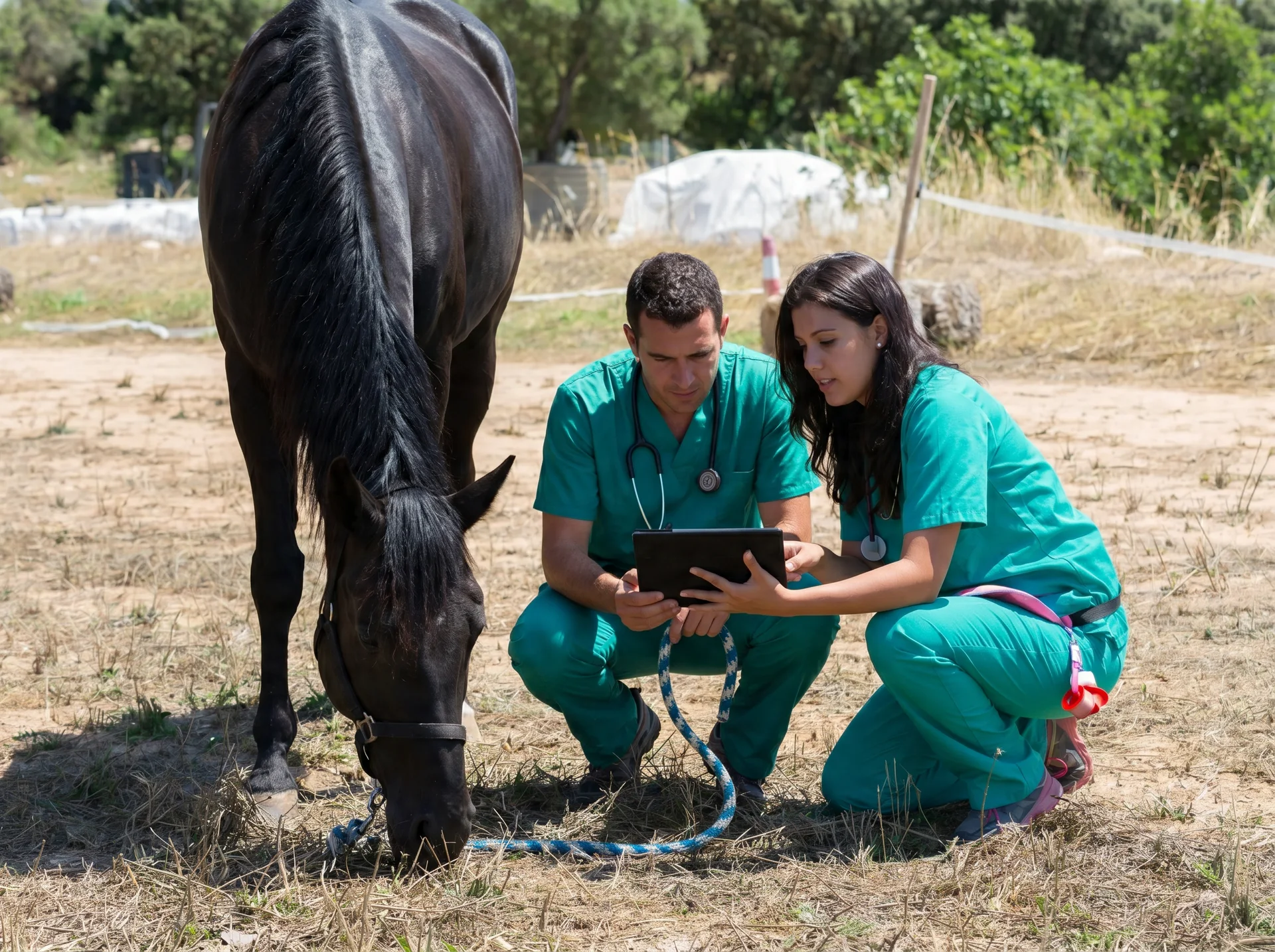 Two equine veterinarians in scrubs reviewing patient records on a tablet in the field next to a grazing horse