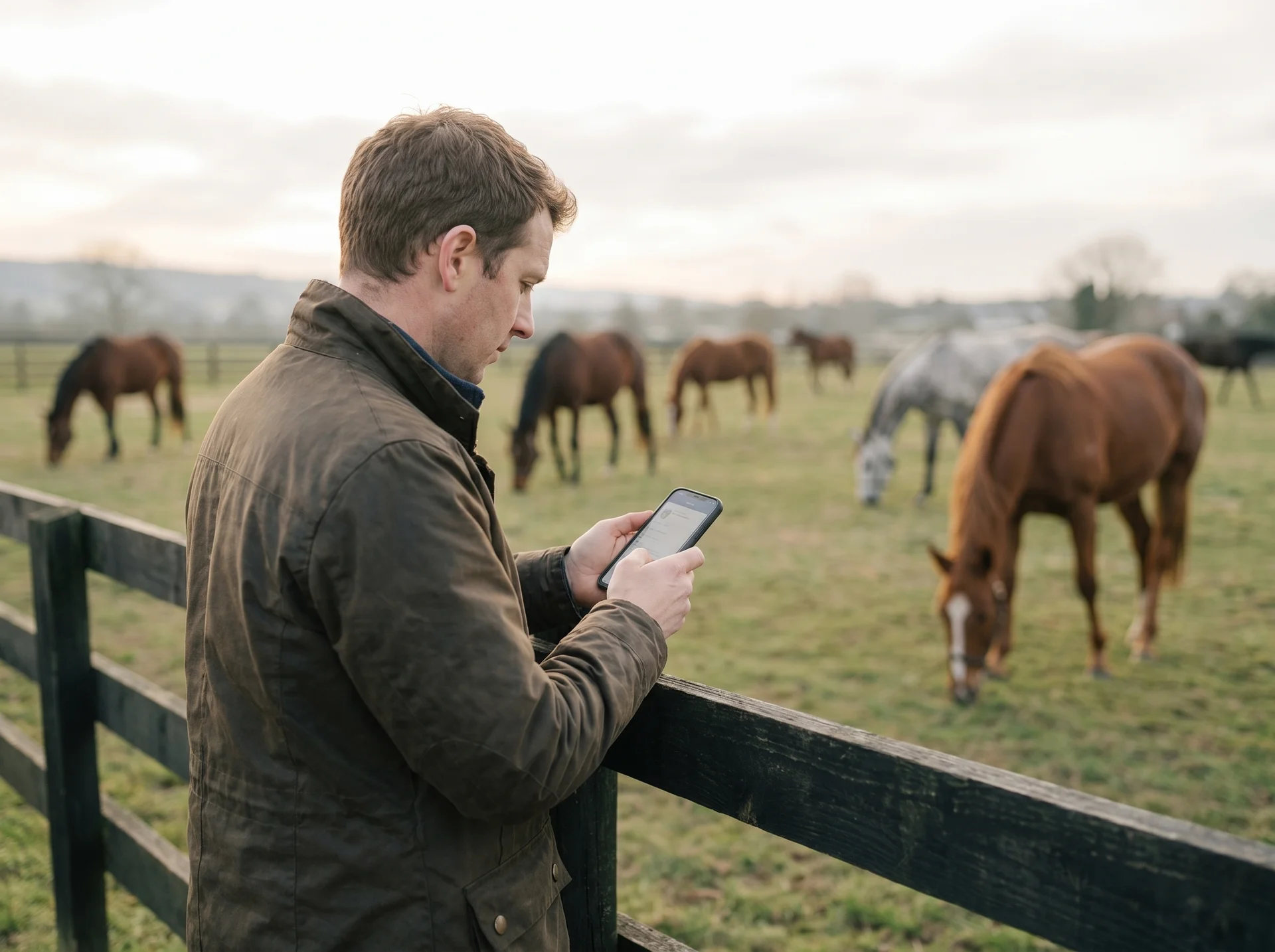 Field veterinarian using a smartphone beside horses in a pasture